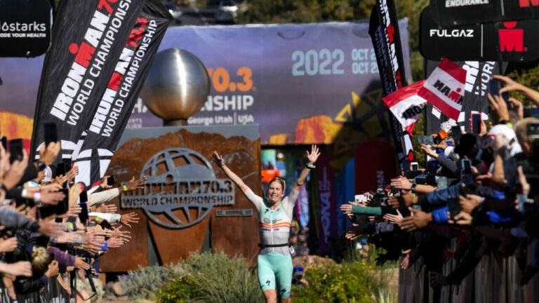 ST GEORGE, UTAH - OCTOBER 28: Paula Findlay of Canada reacts after placing second place during the IRONMAN 70.3 World Championship on October 28, 2022 in St George, Utah. (Photo by Patrick McDermott/Getty Images for IRONMAN)