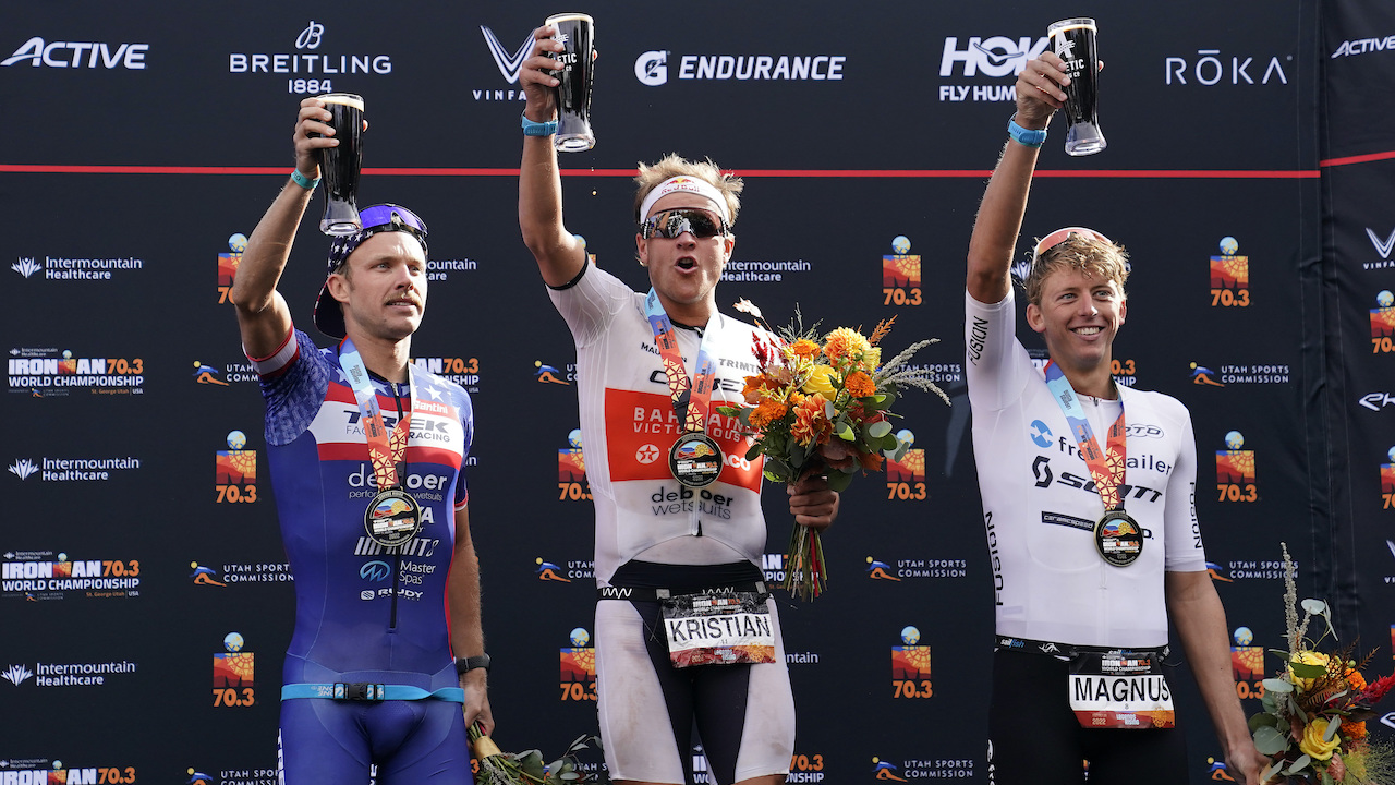 Pro Men podium IRONMAN 70.3 World Championship 2022 - Kristian Blummenfelt, Ban Kanute, Magnus Ditlev