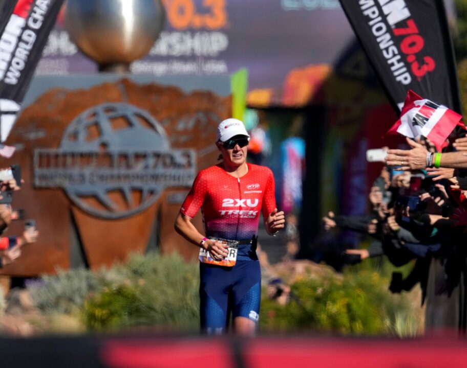ST GEORGE, UTAH - OCTOBER 28: Taylor Knibb of the United States finishes in in first place during the IRONMAN 70.3 World Championship on October 28, 2022 in St George, Utah. (Photo by Patrick McDermott/Getty Images for IRONMAN)