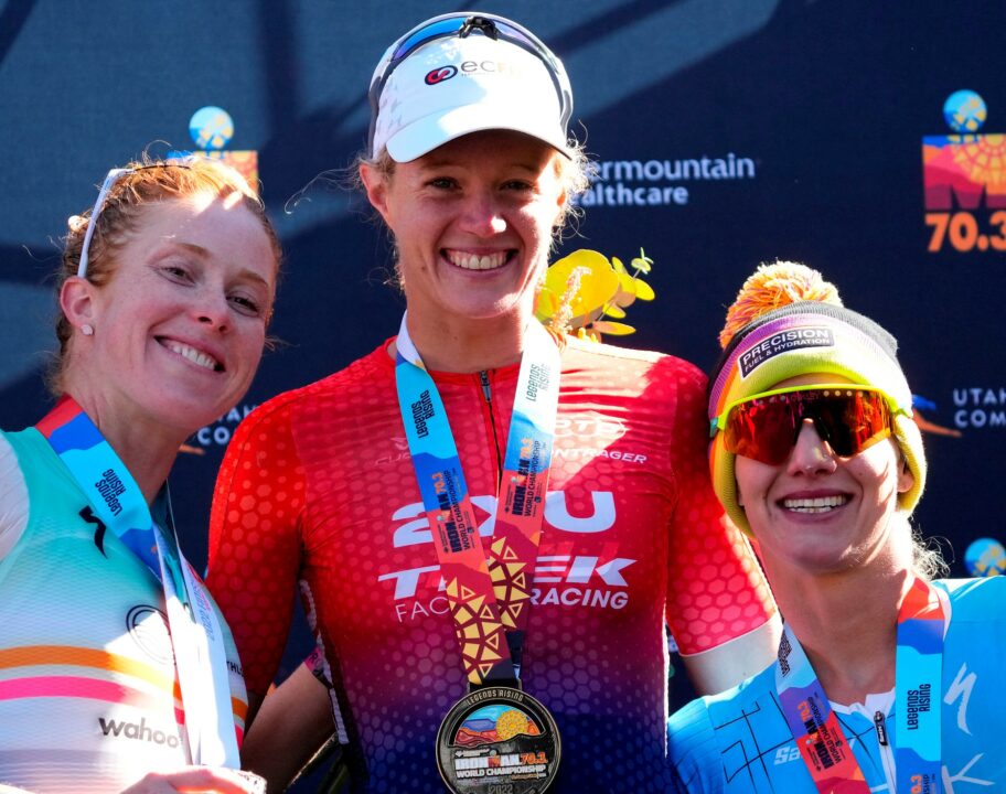 ST GEORGE, UTAH - OCTOBER 28: (L-R) Paula Findlay of Canada in second place, Taylor Knibb of the United States in first place, and Emma Pallant-Browne of Britain in third place celebrate on the podium after the IRONMAN 70.3 World Championship on October 28, 2022 in St George, Utah. (Photo by Patrick McDermott/Getty Images for IRONMAN)