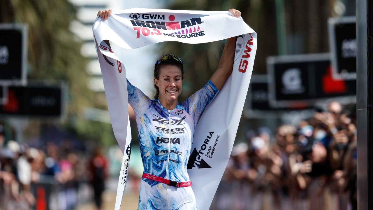 Ellie Salthouse winning GWM IRONMAN 70.3 Melbourne - Photo Korupt Vision