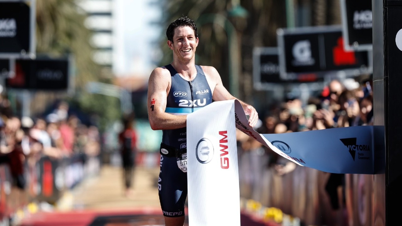 steve McKenna taking the win at GWM IRONMAN 70.3 Melbourne Photo credit Korupt Vision