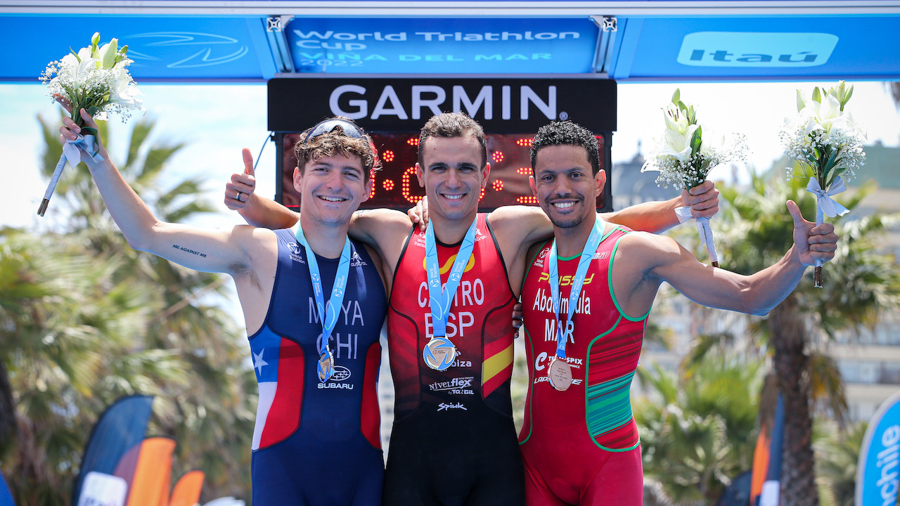 World Triathlon Cup Vina Del Mar 2022 Elite Men podium - David Castro Fajardo, Diego Moya, Jawad Abdelmoula