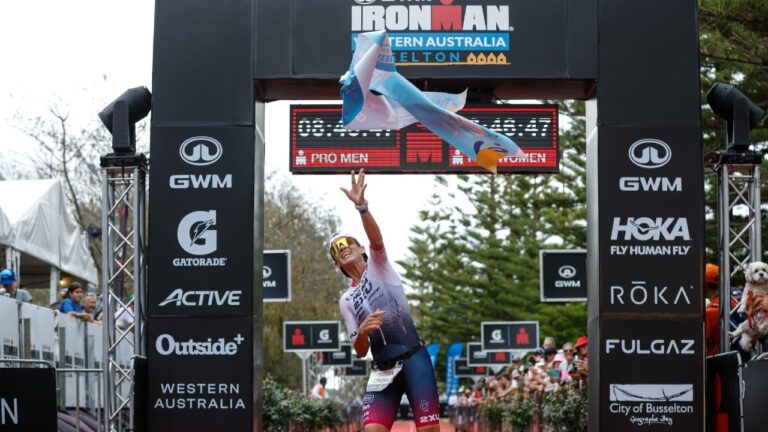 Sarah Crowley winning GWM IRONMAN Western Australia - Photo Korupt Vision