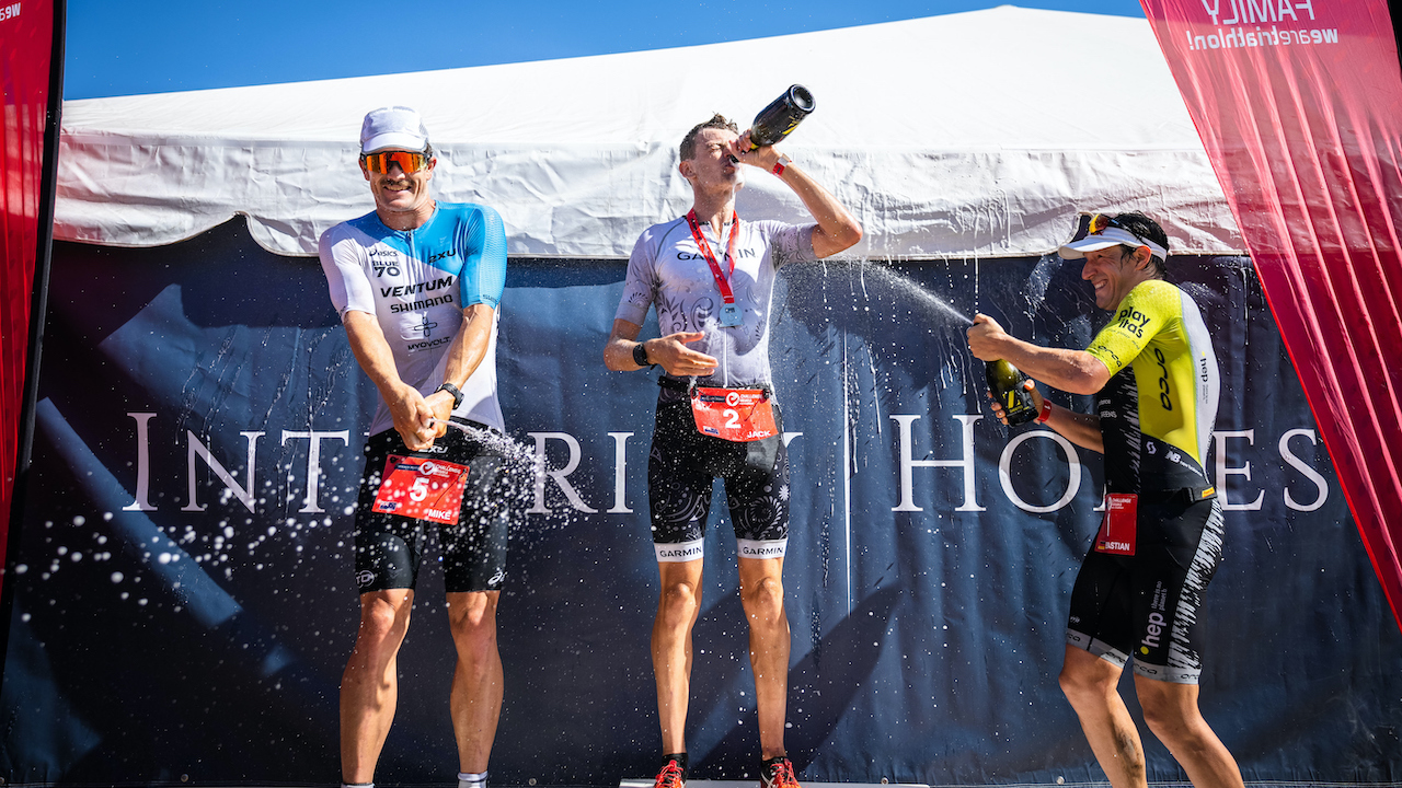 Challenge Wanaka 2023 Men podium - Jack Moody, Mikie Phillips, Sebastian Kienle