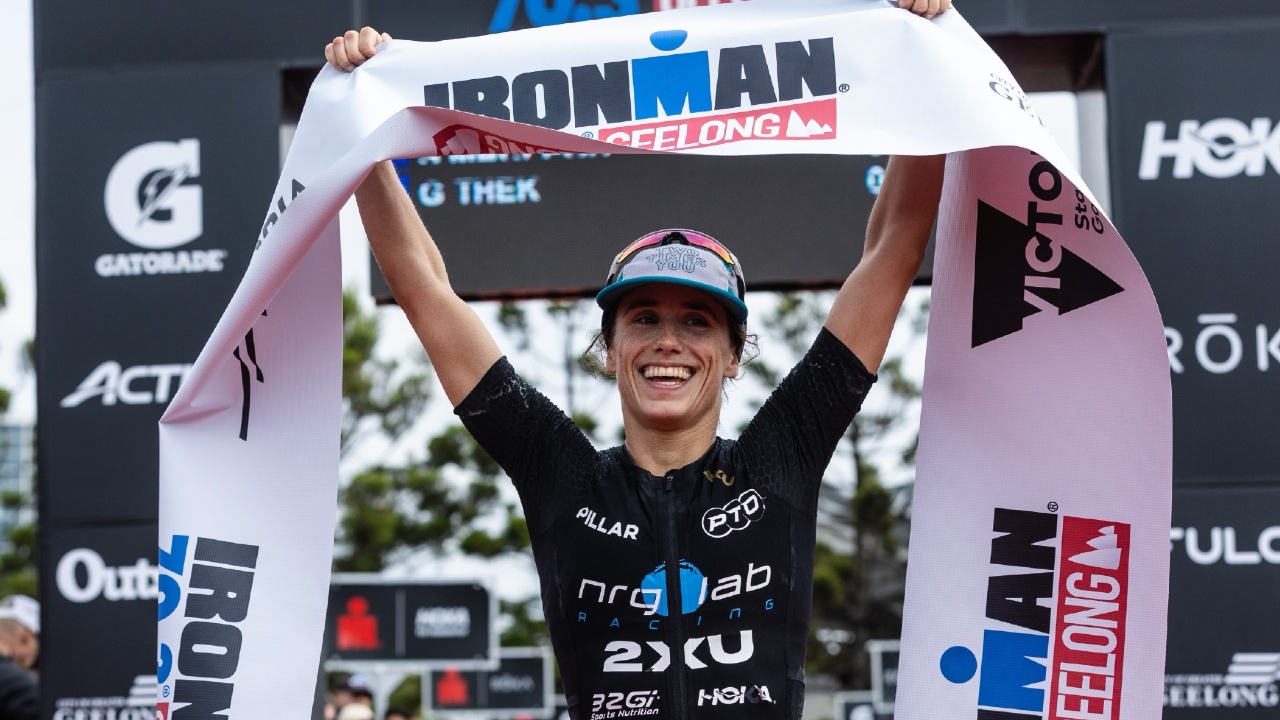 Grace Thek winning the 2023 IRONMAN 70.3 Geelong [Photo credit: Korupt Vision]