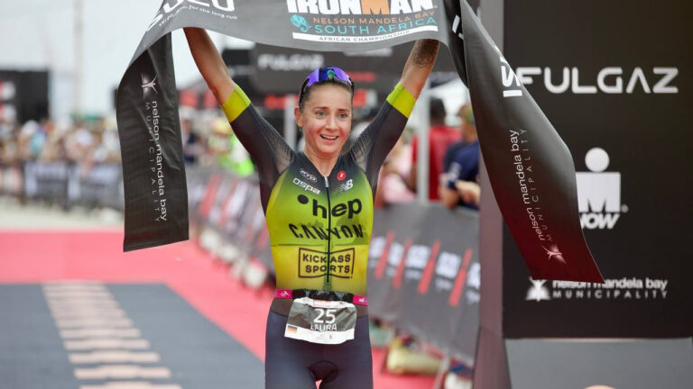 Laura Philipp crosses the line in triumph photo credit IRONMAN South Africa