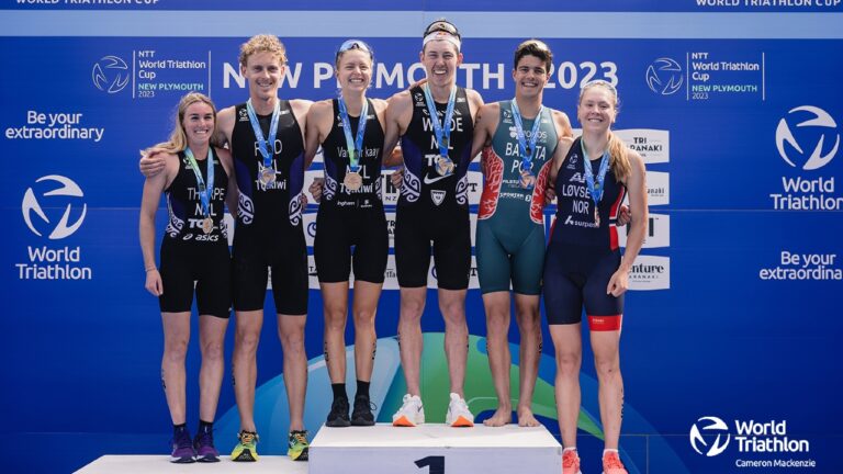 Podium New Plymouth World Cup 2023 Lovseth photo credit Cameron Mackenzie / World Triathlon