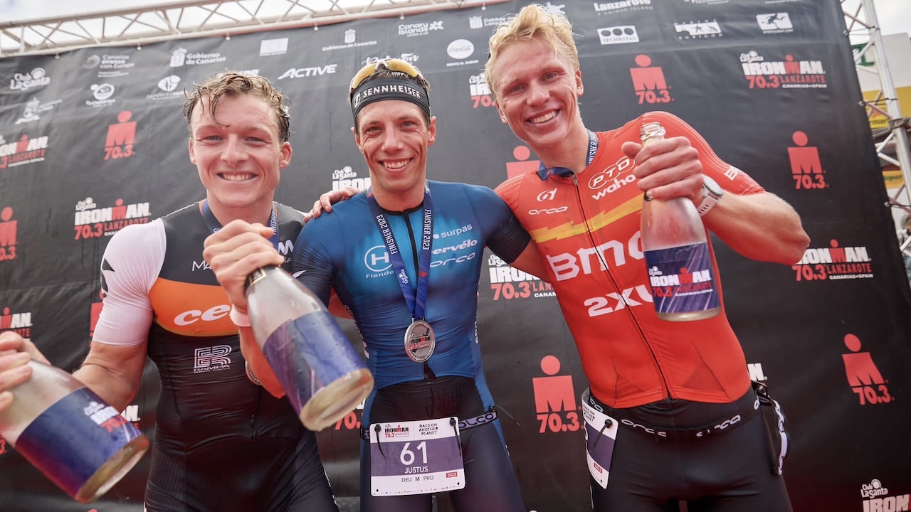 IRONMAN 70.3 Lanzarote 2023 Pro Men podium: Justus Nieschlag, Mathis Margirier, Thor Bendix Madsen