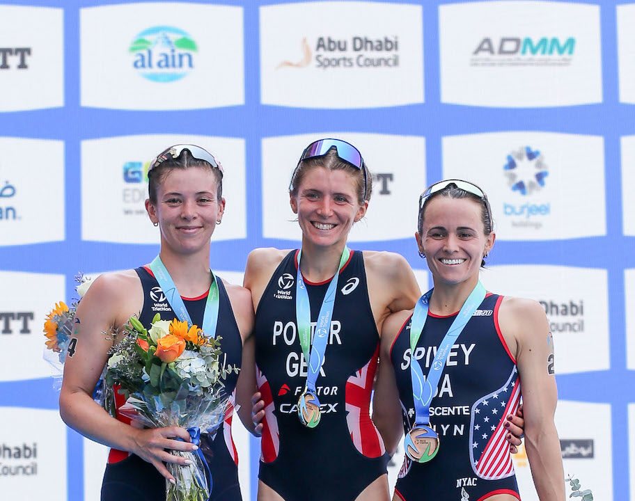 Beth Potter, Sophie Coldwell, Taylor Spivey - WTCS Abu Dhabi 2023 podium