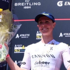 Chelsea Sodaro Oceanside podium 2023 Photo credit: Donald Miralle for IRONMAN