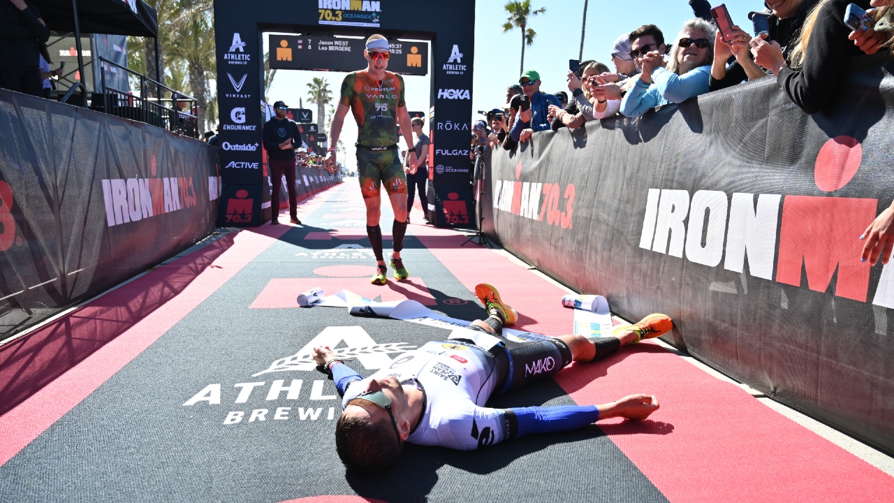 Jason West Leo Bergere Oceanside 2023 finish line Photo credit: Donald Miralle for IRONMAN