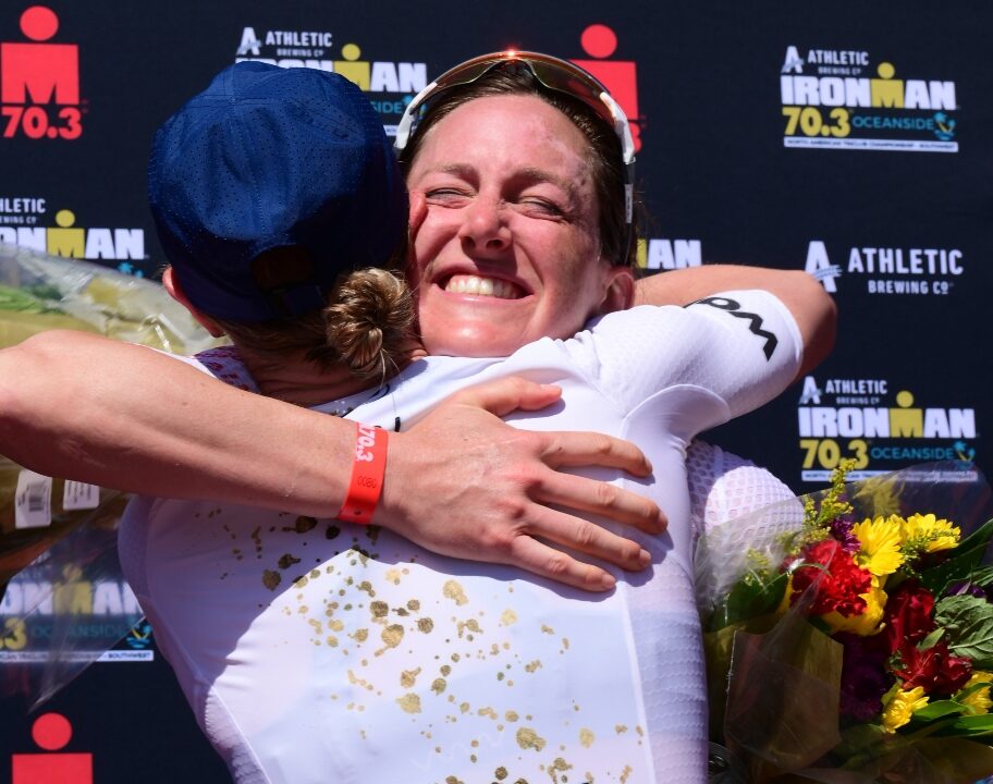 Kat Matthews Oceanside Chelsea Sodaro hug [Photo credit: Donald Miralle for IRONMAN]