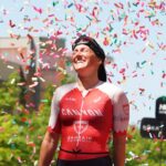 Kat Matthews ticker tape IRONMAN Texas 2023 [Photo credit: Kyle Rivas / Getty Images for IRONMAN]