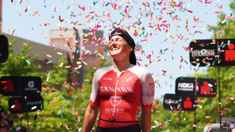 Kat Matthews ticker tape IRONMAN Texas 2023 [Photo credit: Kyle Rivas / Getty Images for IRONMAN]