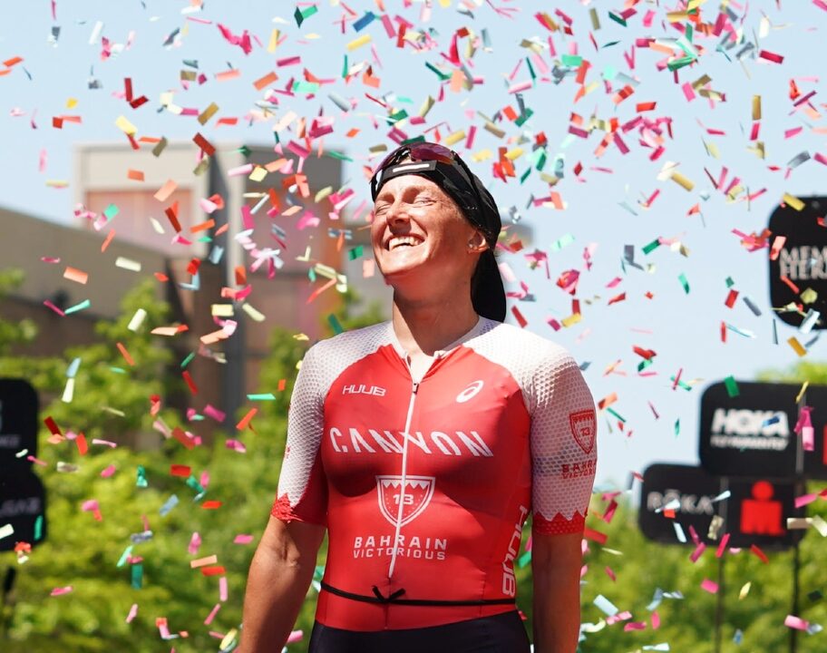 Kat Matthews ticker tape IRONMAN Texas 2023 [Photo credit: Kyle Rivas / Getty Images for IRONMAN]