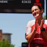 Kat Matthews takes the plaudits at IRONMAN Texas 2023 [Photo credit: Kyle Rivas / Getty Images for IRONMAN]