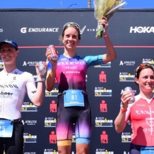 Oceanside 2023 women podium Jewett Sodaro Matthews [Photo credit: Donald Miralle for IRONMAN]