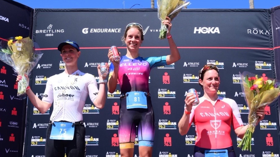 Oceanside 2023 women podium Jewett Sodaro Matthews [Photo credit: Donald Miralle for IRONMAN]