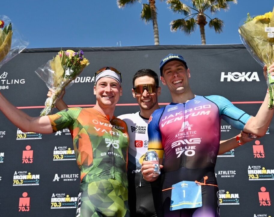 Oceanwide 2023 men podium Bergere West Laundry [Photo credit: Donald Miralle for IRONMAN]