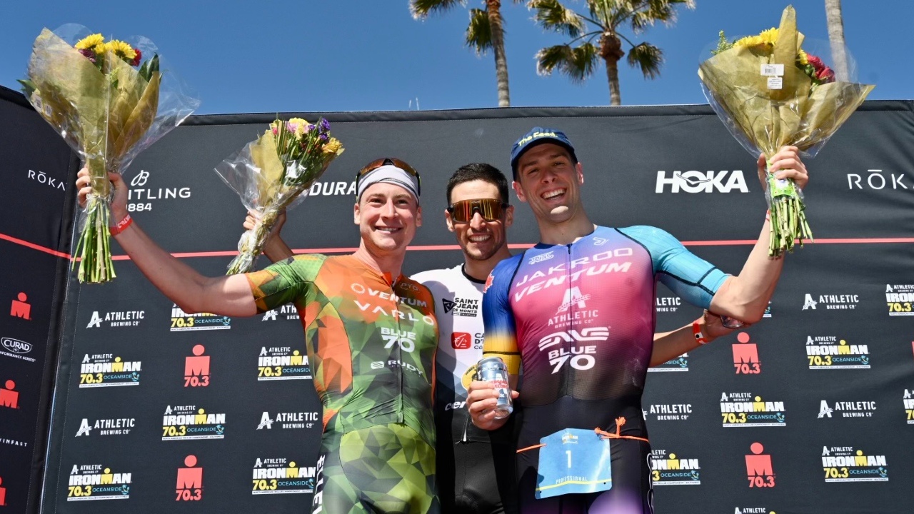 Oceanwide 2023 men podium Bergere West Laundry [Photo credit: Donald Miralle for IRONMAN]