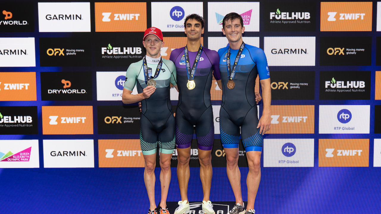 Arena Games Triathlon, London, UK, 2023 men's podium finishers