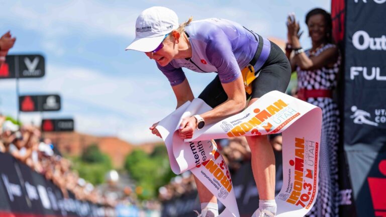 Jeanni Metzler wins IRONMAN 70.3 St George 2023 emotion photo credit Jacob Kupferman / Getty Images for IRONMAN