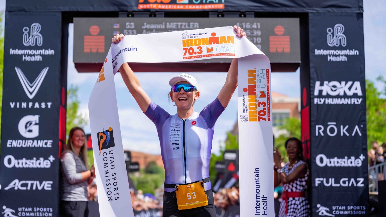 Jeanni Metzler wins IRONMAN 70.3 St George 2023 [Photo credit: Jacob Kupferman / Getty Images for IRONMAN]
