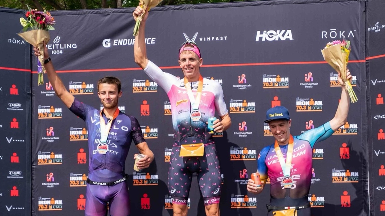 Long Foley Laundry podium IRONMAN 70.3 St George 2023 [Photo credit: Jacob Kupferman / Getty Images for IRONMAN]