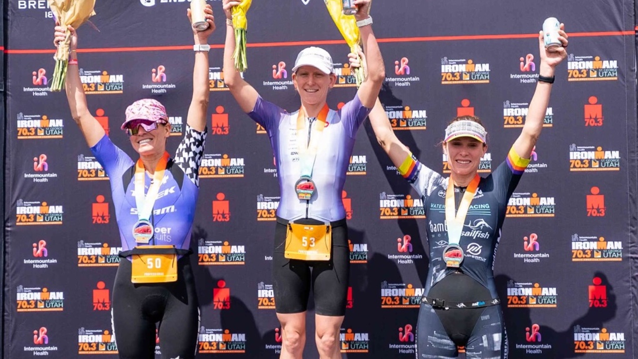 Metzler Moench Lewis IRONMAN 70.3 St George podium 2023 [Photo credit: Jacob Kupferman / Getty Images for IRONMAN]