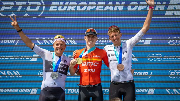 Neumann Blummenfelt Ditlev PTO European Open men podium Ibiza 2023 photo credit: PTO