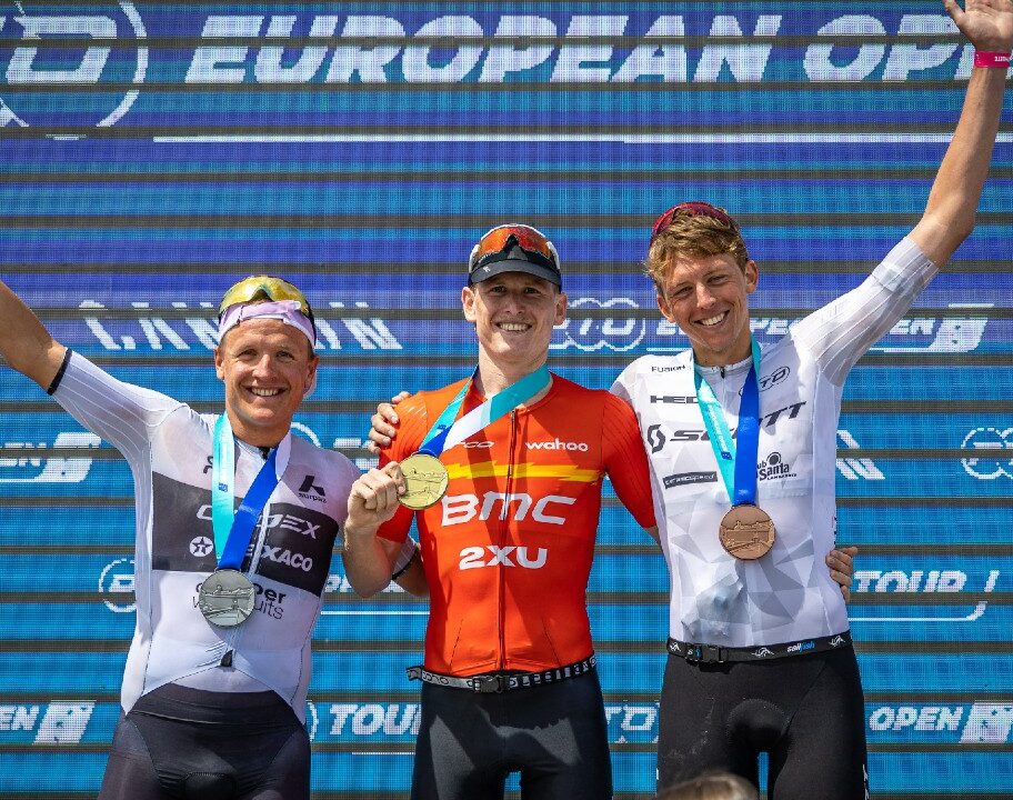 Neumann Blummenfelt Ditlev PTO European Open men podium Ibiza 2023 photo credit: PTO