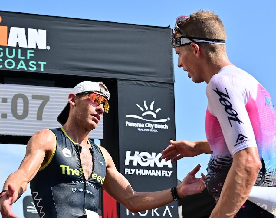 Sam Long Lionel Sanders IRONMAN 703 Gulf Coast 2023 finish line [Photo credit: Julio Aguilar / Getty Images for IRONMAN]