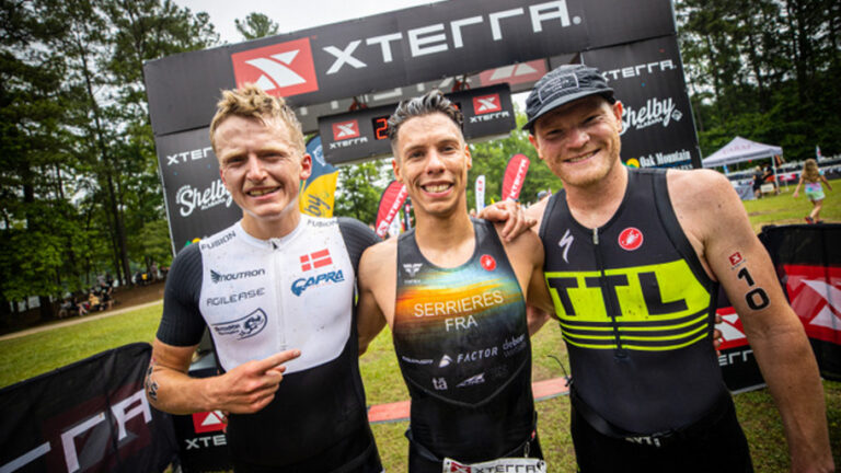 The men's podium at XTERRA Oak Mountain 2023, topped by Arthur Serrieres [Photo credit: XTERRA]