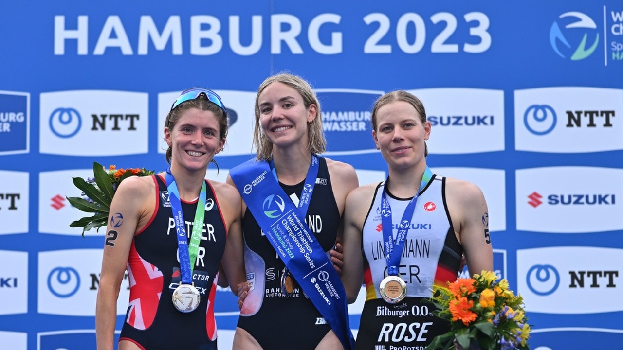 Cassandre Beaugrand Beth Potter Laura Lindemann Hamburg 2023 WTCS podium photo credit World Triathlon