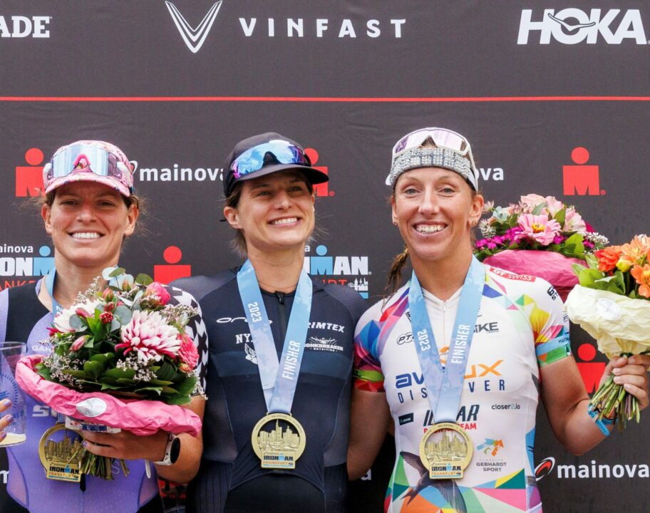 Skye Moench of the United States of America, Sarah True of the United States of America and Agnieszka Jerzyk of Poland pose for a picture during the flower ceremony of the IRONMAN European Championship Frankfurt on July 02, 2023 in Frankfurt am Main, Germany