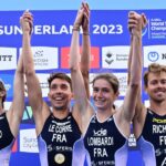 Mixed Team Relay France podium WTCS Sunderland 2023 photo credit: World Triathlon / Petko Beier