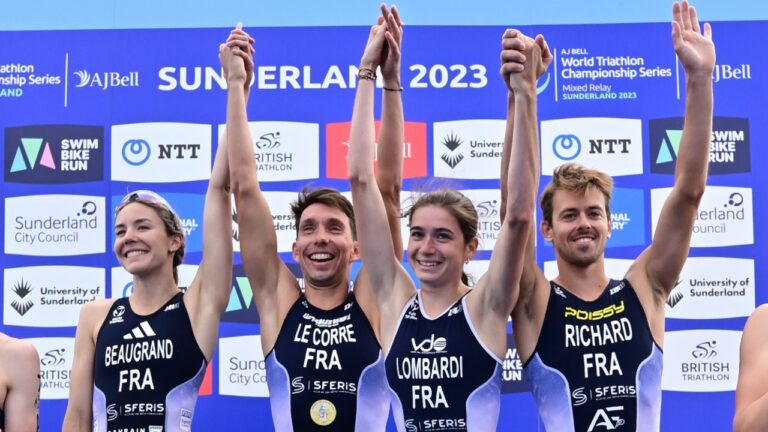 Mixed Team Relay France podium WTCS Sunderland 2023 photo credit: World Triathlon / Petko Beier