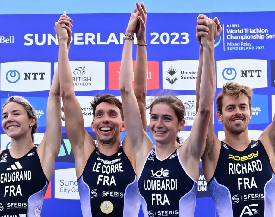 Mixed Team Relay France podium WTCS Sunderland 2023 photo credit: World Triathlon / Petko Beier