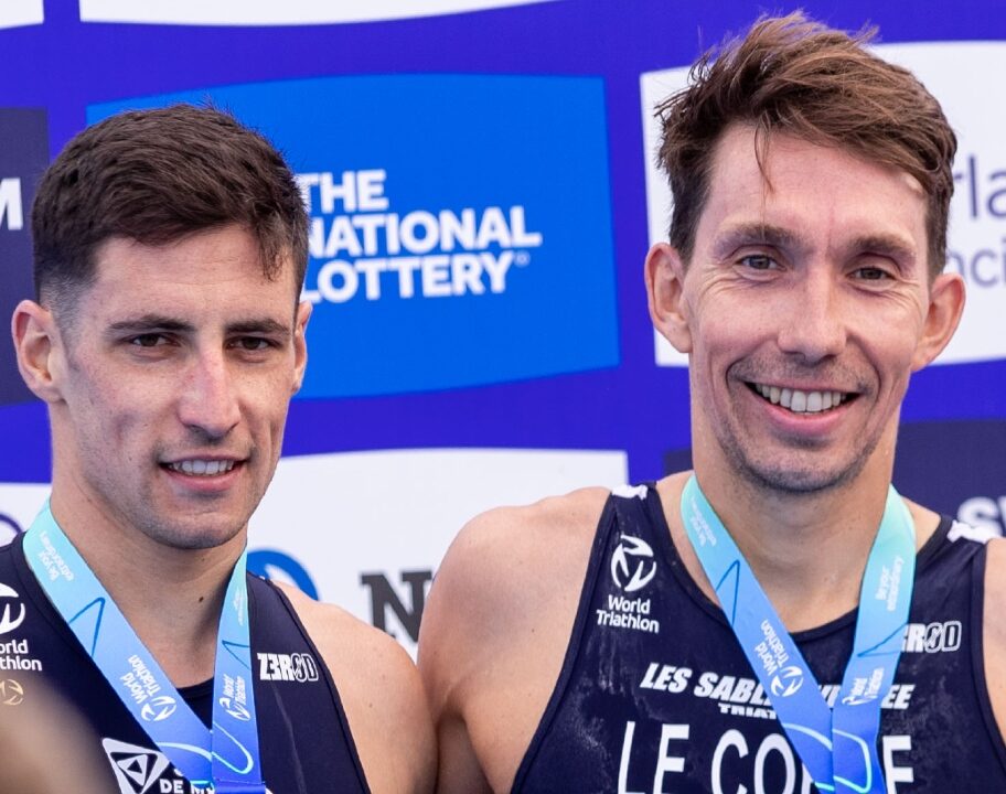 Breaking News Pierre Le Corre Leo Bergere WTCS Sunderland podium 2023 photograph credit score World Triathlon / Tommy Zaferes