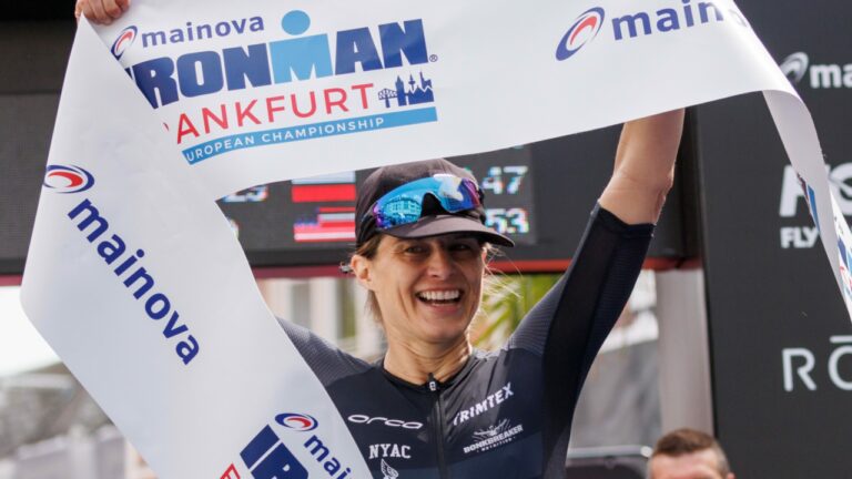 Sarah True of the United States of America react after crossing the finish line of the IRONMAN European Championship Frankfurt on July 02, 2023 in Frankfurt am Main, Germany
