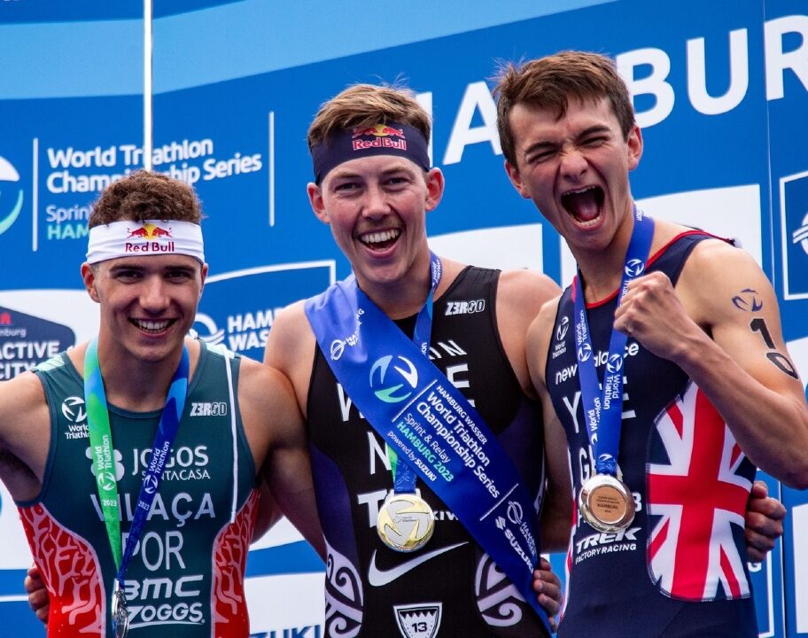 WTCS Hamburg podium 2023 Vasco Vilaca Hayden Wilde Alex Yee photo credit Tommy Zaferes / World Triathlon