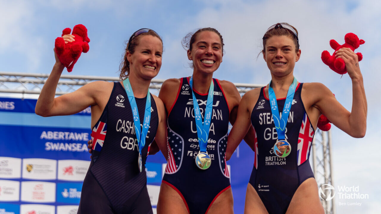 Grace Norman, Claire Cashmore, Lauren Steadman - podium at World Triathlon Para Series Swansea 2023