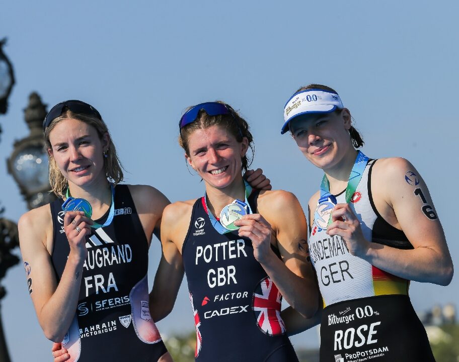 Cassandre Beaugrand Beth Potter Laura Lindemann Paris Test Event podium 2023 [Photo credit: World Triathlon / Wagner Araujo]