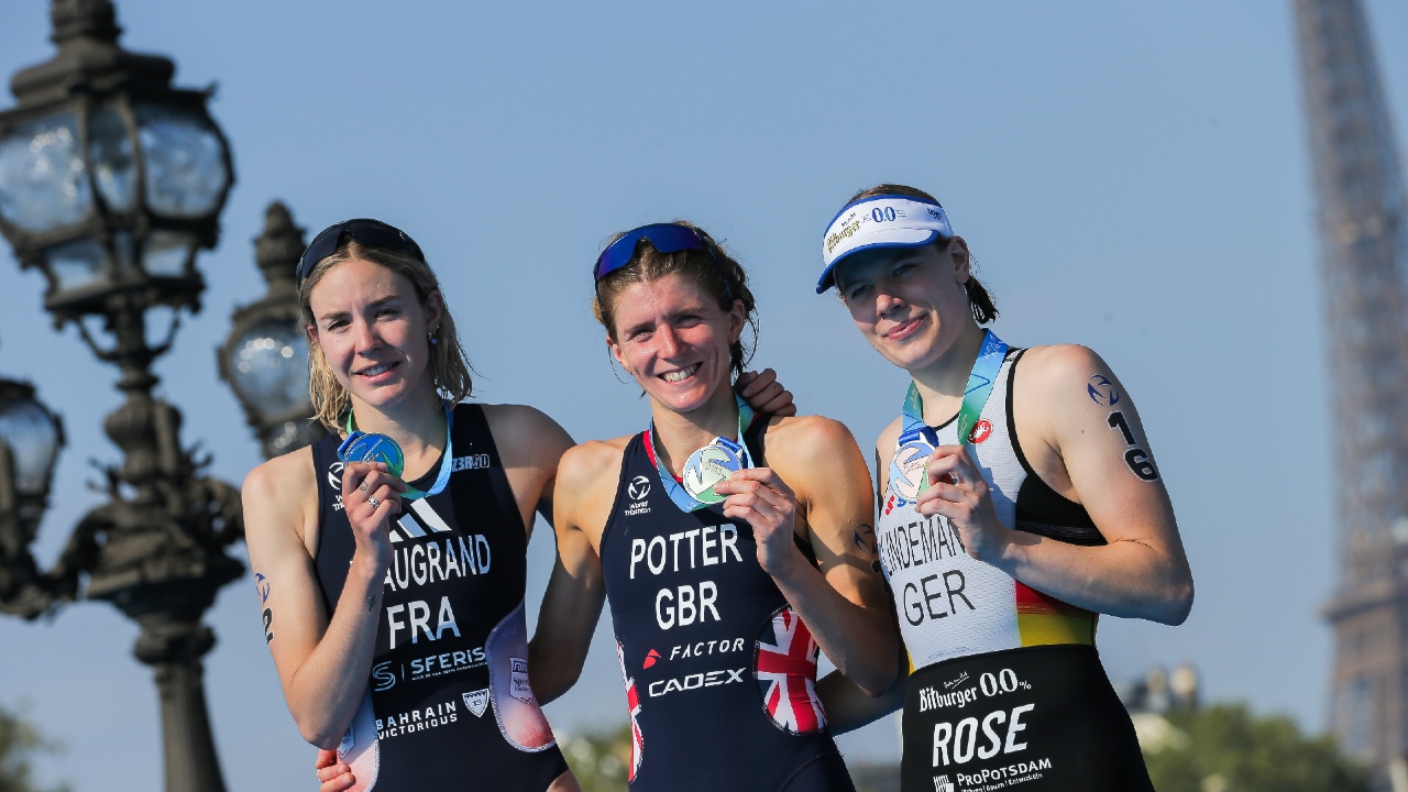 Cassandre Beaugrand Beth Potter Laura Lindemann Paris Test Event podium 2023 [Photo credit: World Triathlon / Wagner Araujo]