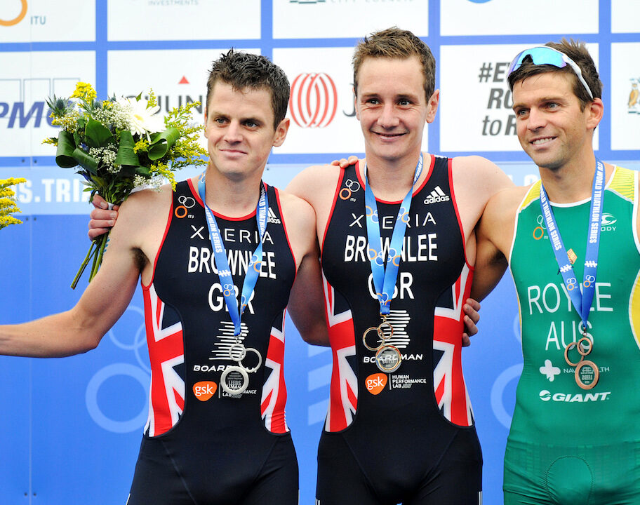 World Triathlon Leeds 2016 podium - Alistair Brownlee, Jonathan Brownlee, Aaron Royle