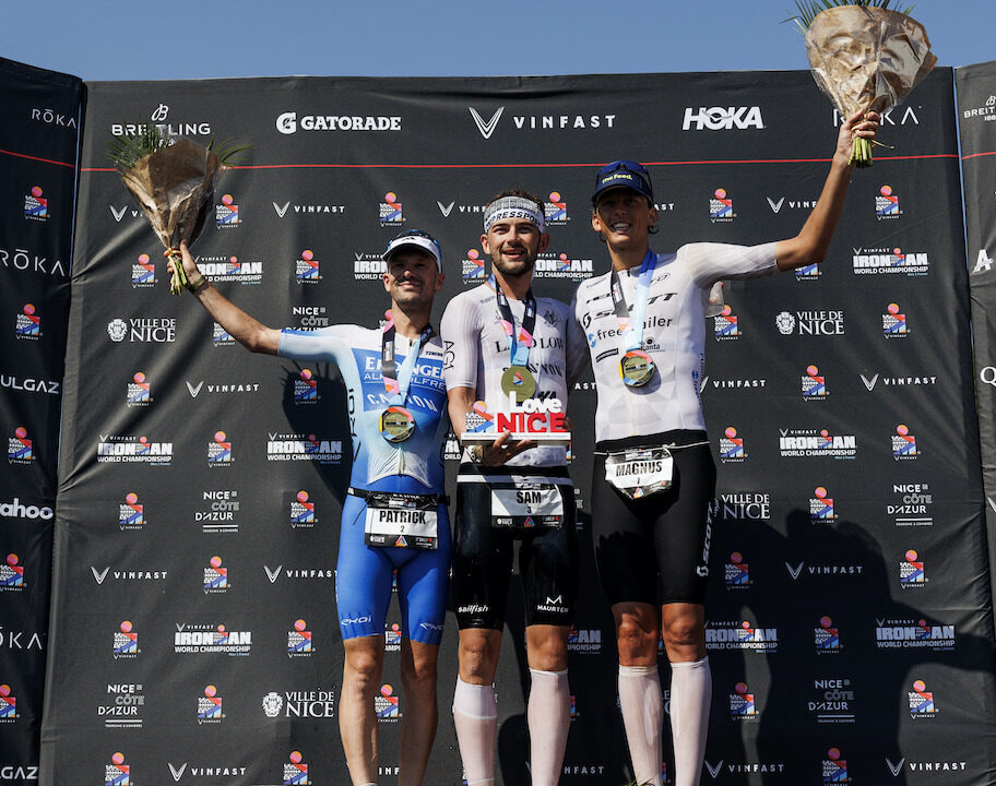 Sam Laidlow, Patrick Lange, Magnus Ditlev - IRONMAN World Championship 2023 podium Nice, France