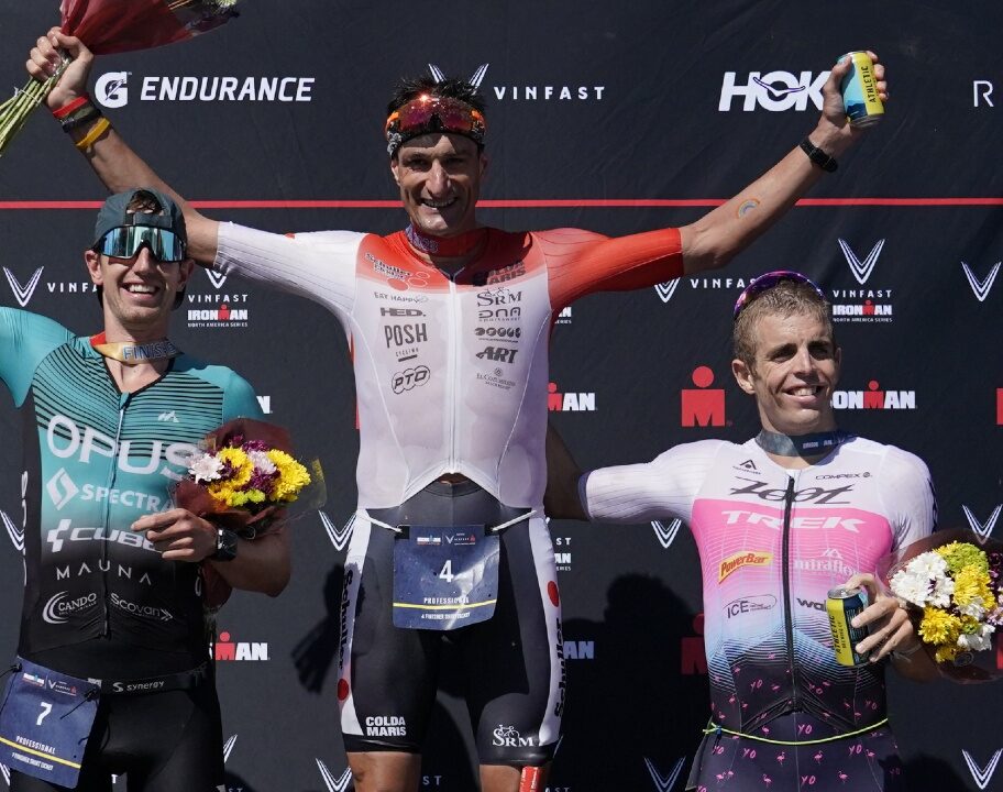 jason pohl michael weiss sam long on the podium at ironman maryland 2023 Photo credit: Patrick McDermott/Getty Images for IRONMAN