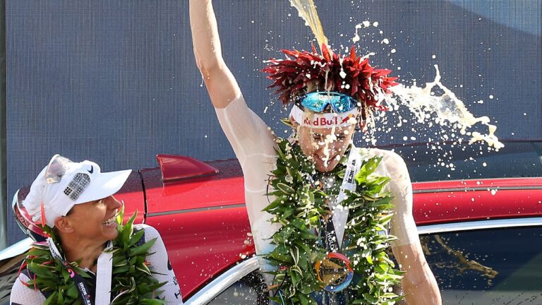 Anne Haug and Lucy Charles Barclay IRONMAN World Championship 2023 beer pour (Getty Images for IRONMAN)