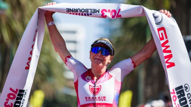 Amelia Watkinson claiming victory at GWM IRONMAN 70.3 Melbourne 2023 Photo credit Alex Polizzi for IRONMAN